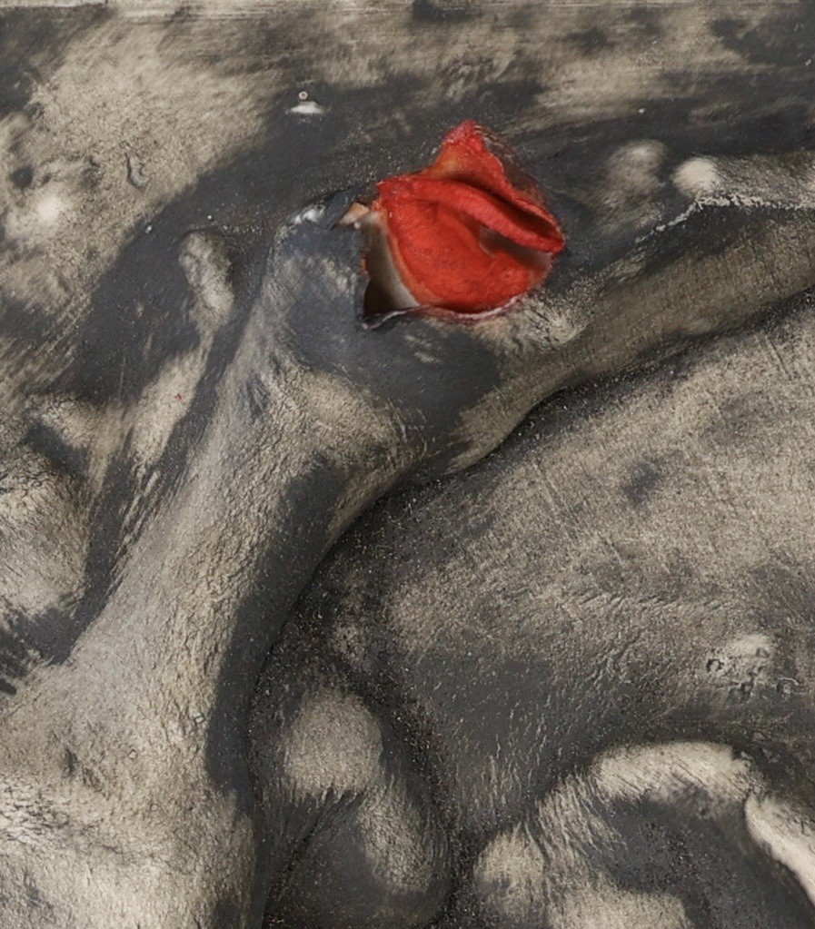 Abstract Biomorphic Art Pottery Tile 3D Sculpture Handmade Gray Red 6 Inches gallery