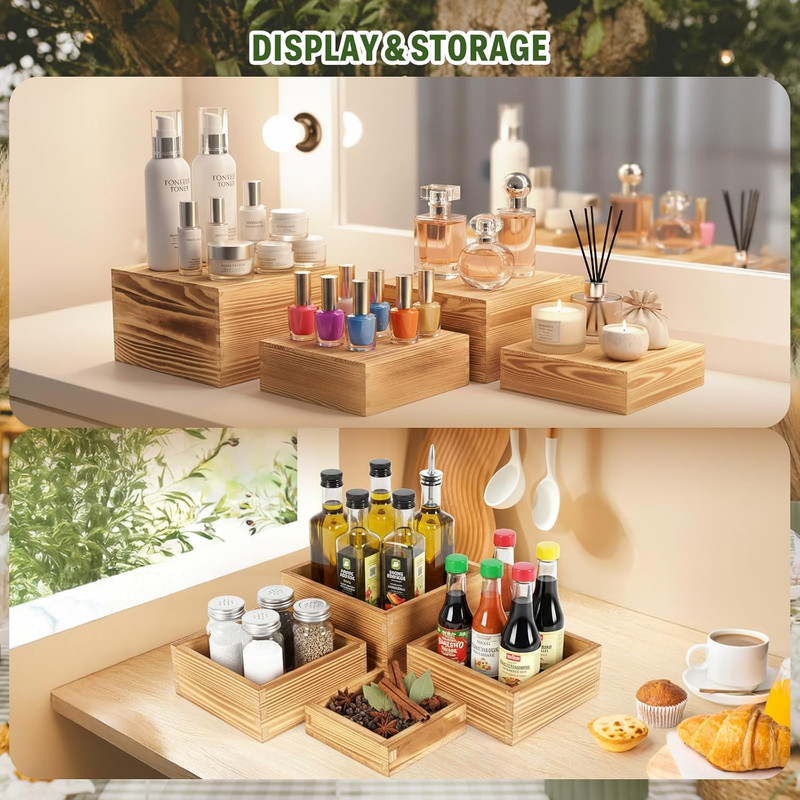 8-Pack Pine Wood Buffet Risers, Multi-Size Nesting Cube Food Display Stands for gallery