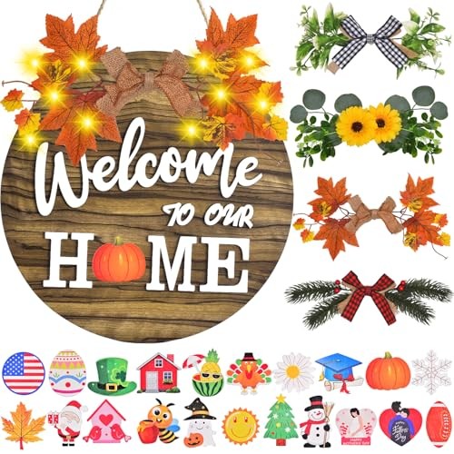Interchangeable Welcome Home Sign, Front Door Decor With 4 Seasonal Brown gallery