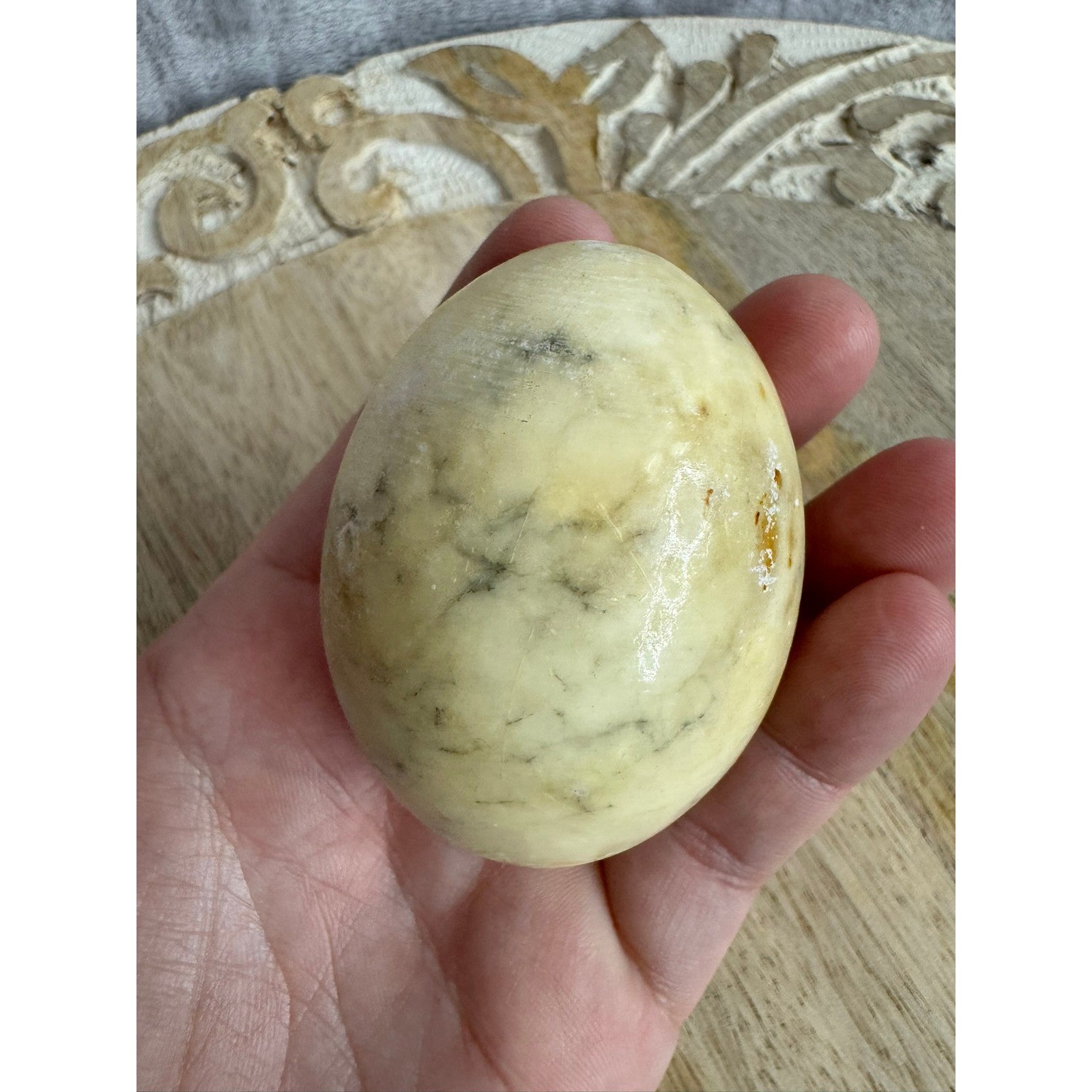 Decorative Stone Egg Natural Marble Beige Speckled Paperweight Display Accent gallery