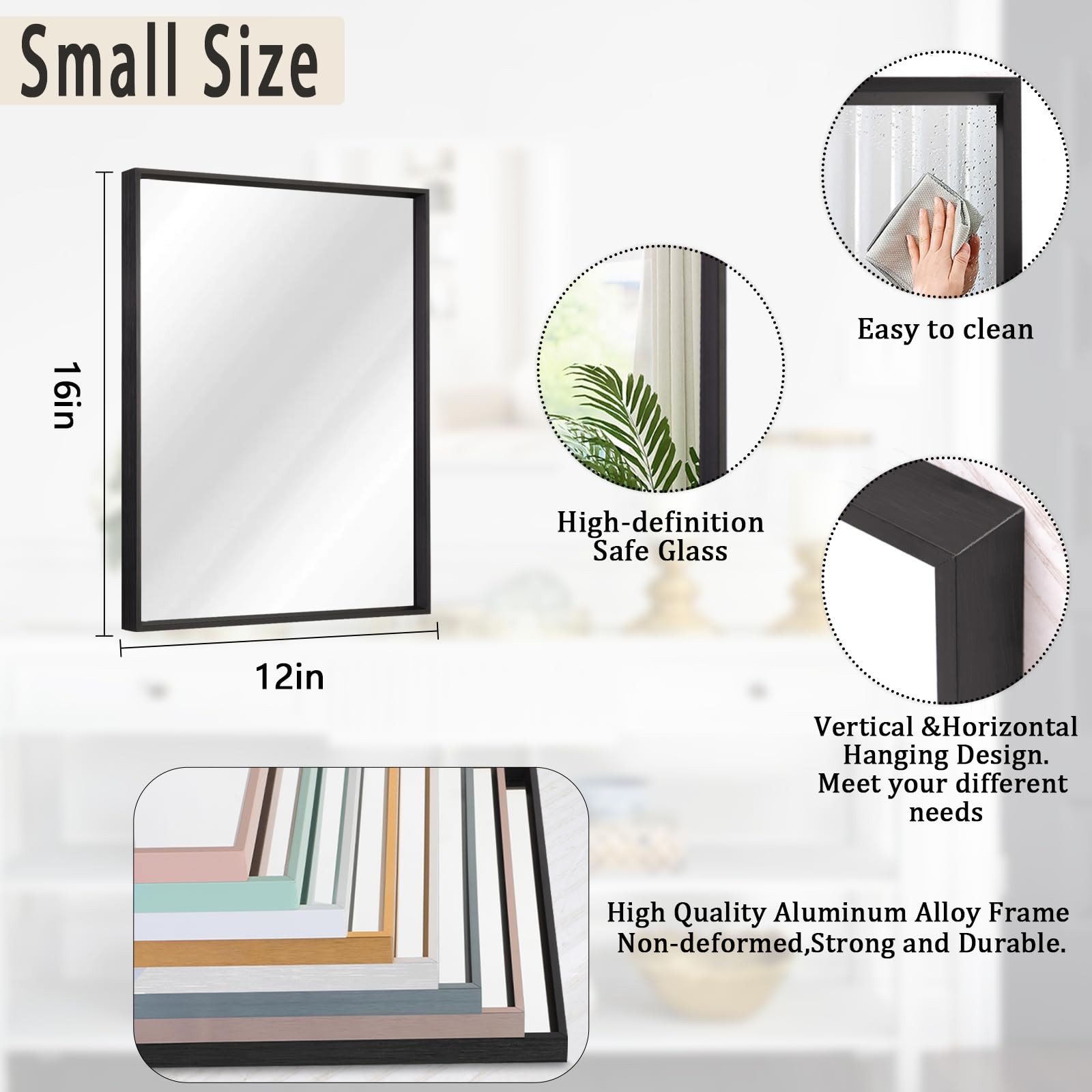 Rectangular Metal Framed Mirror Modern Wall Decorative Entryway Black Small gallery
