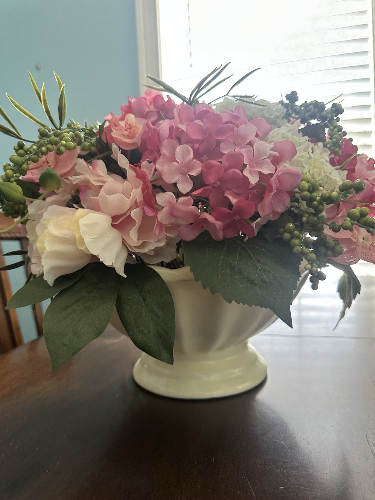 Artificial Pink White & Green Hydrangea Rose Flower Arrangement Centerpiece gallery