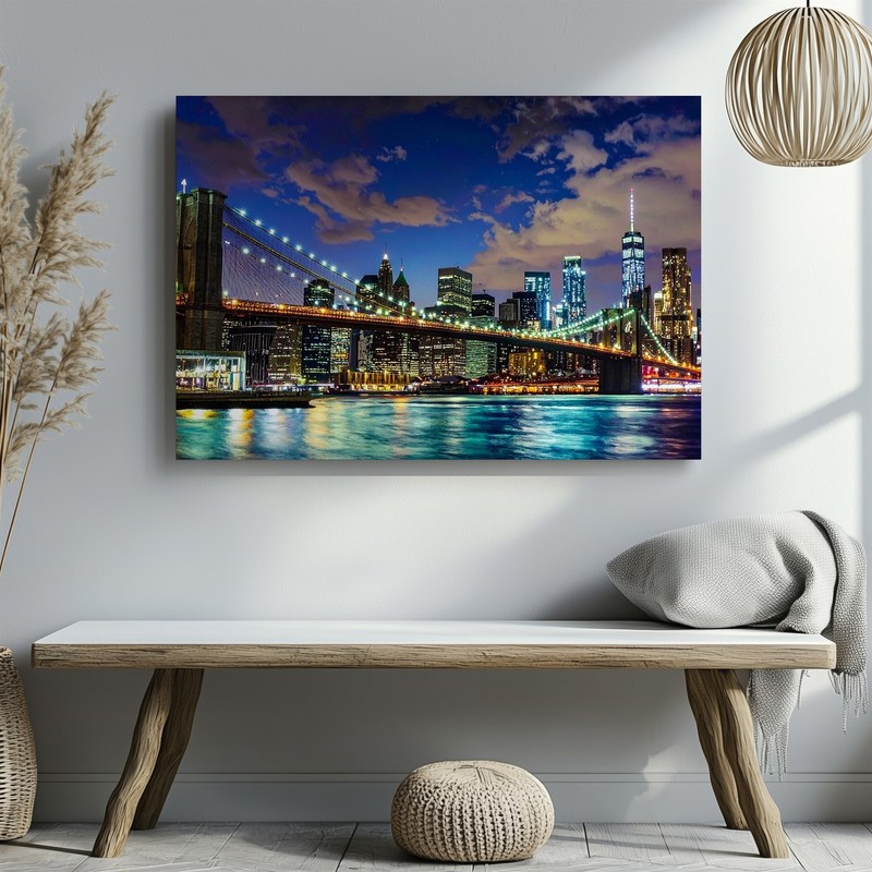Brooklyn Bridge Night Canvas Illuminated Nyc Skyline Over East River Wall Art gallery