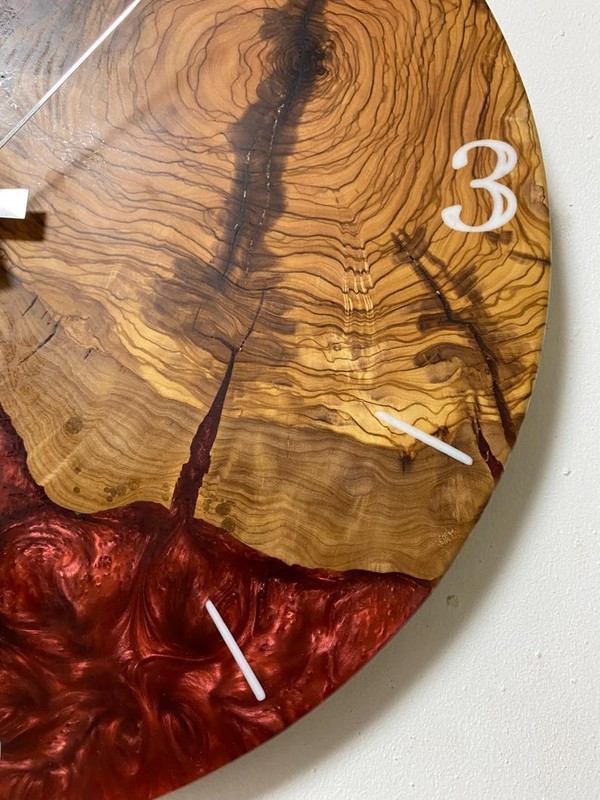 Handcrafted Wood Wall Clock Unique Rustic Decor Red Epoxy Designer hanging decor gallery