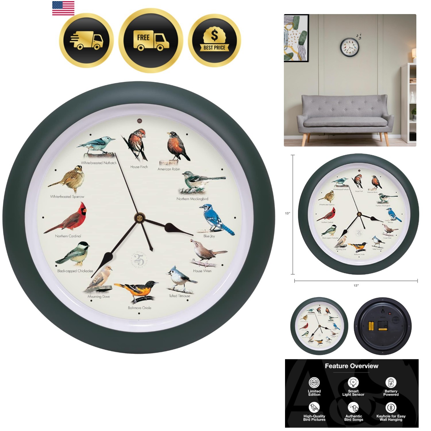 Mark Feldstein, The Singing Bird Clock, 25th Anniversary Edition, 13 Inch, G... gallery