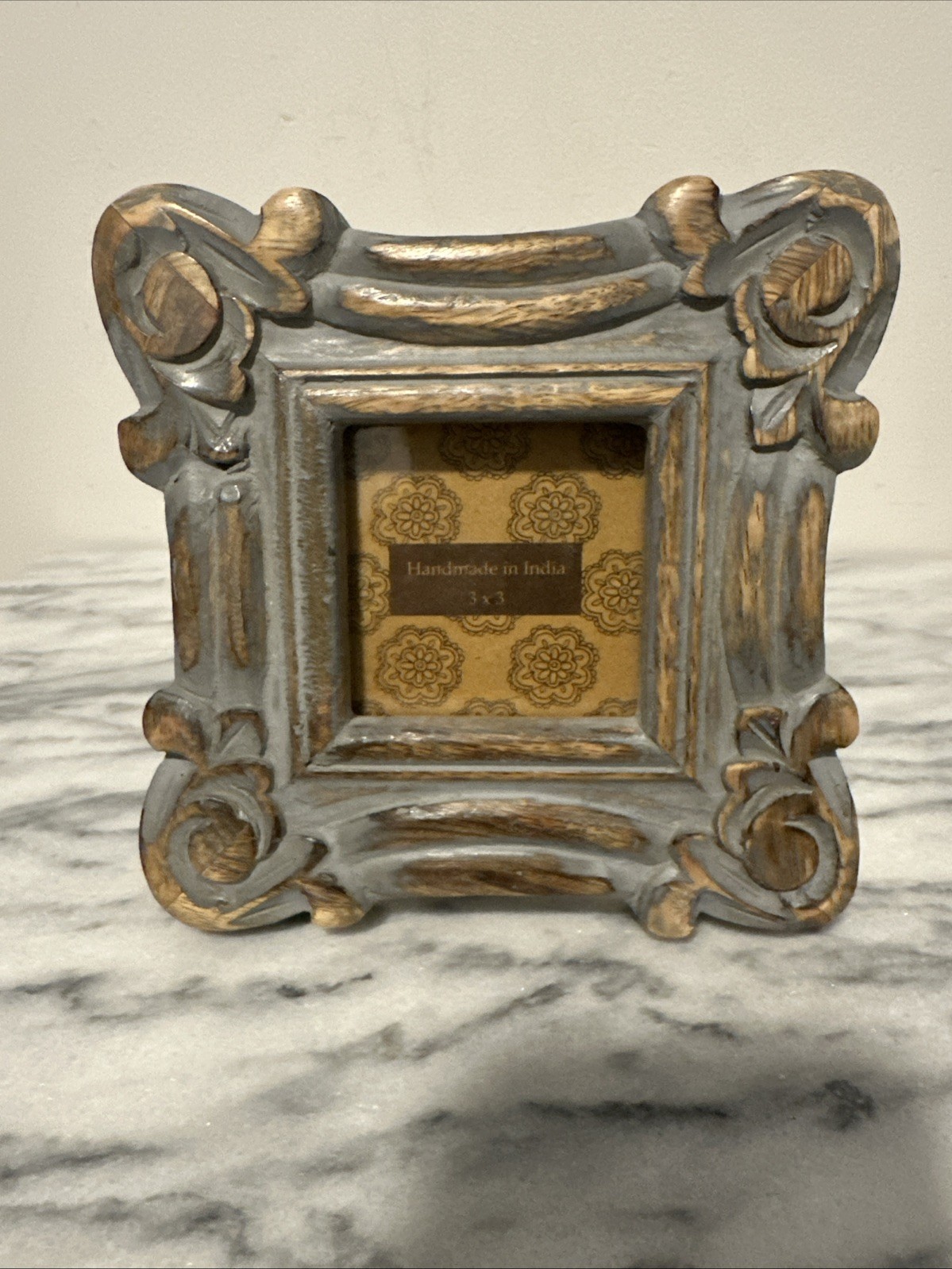 Hand Carved Rustic Distressed Picture Photo Frame Blue Wash 3” Square Photo Exc gallery