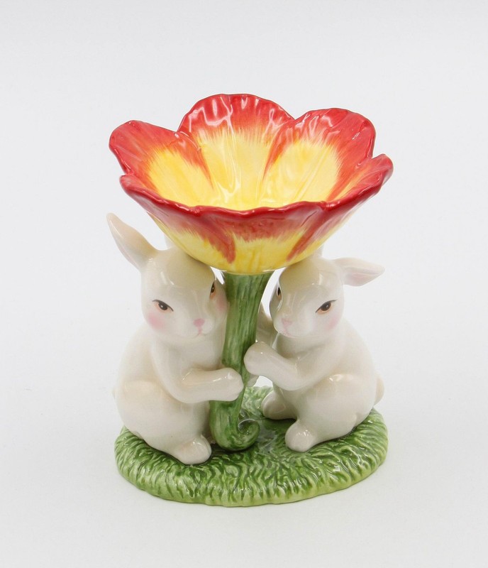 Ceramic Easter Bunnies Holding Red Flower T-Light Candle Holder, Home Décor, Gif gallery