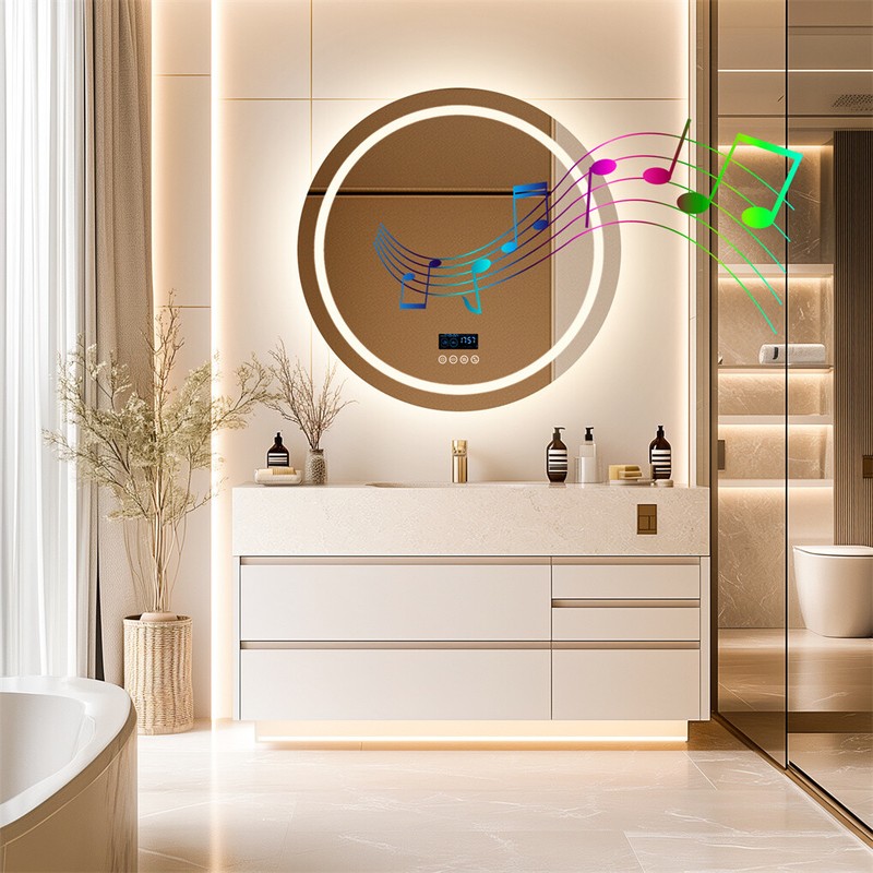 32" Round Bathroom Mirror w/ Bluetooth Speaker Vanity Mirrors Front-lit+Backlit gallery