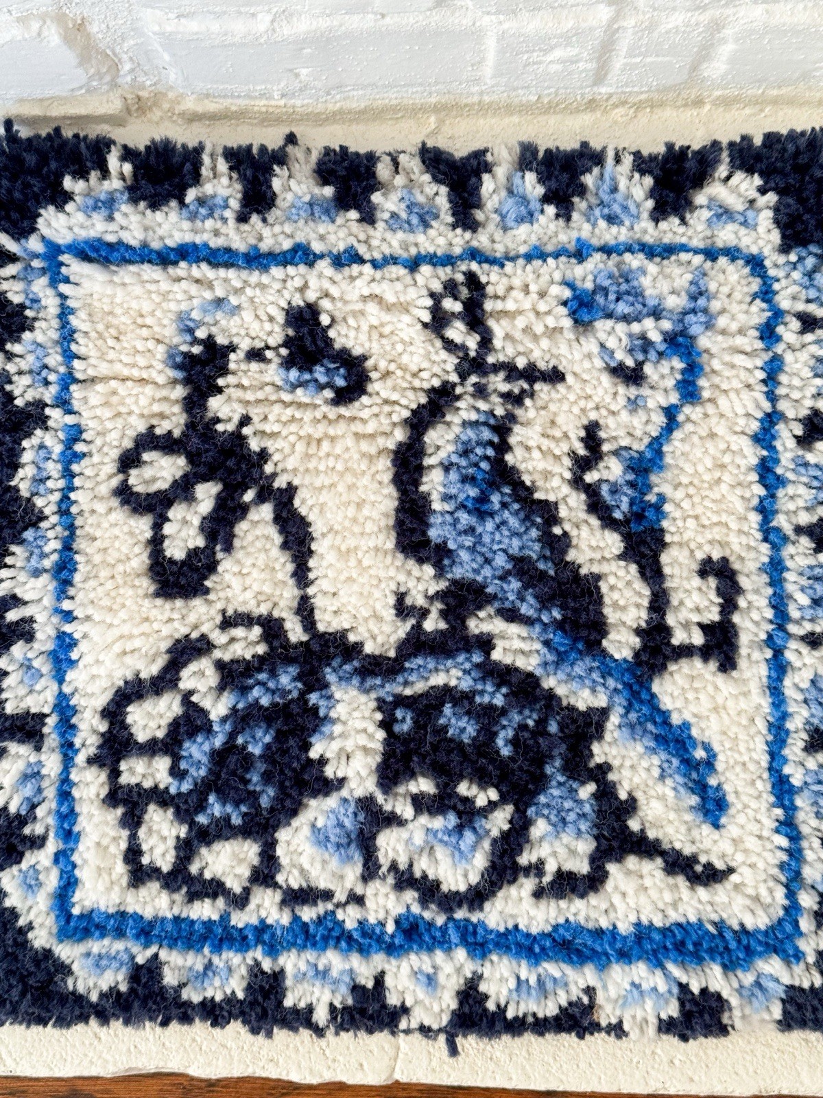 Handmade Tufted Wool Textile Wall Hanging Blue & White Folk Art Motif 15” gallery