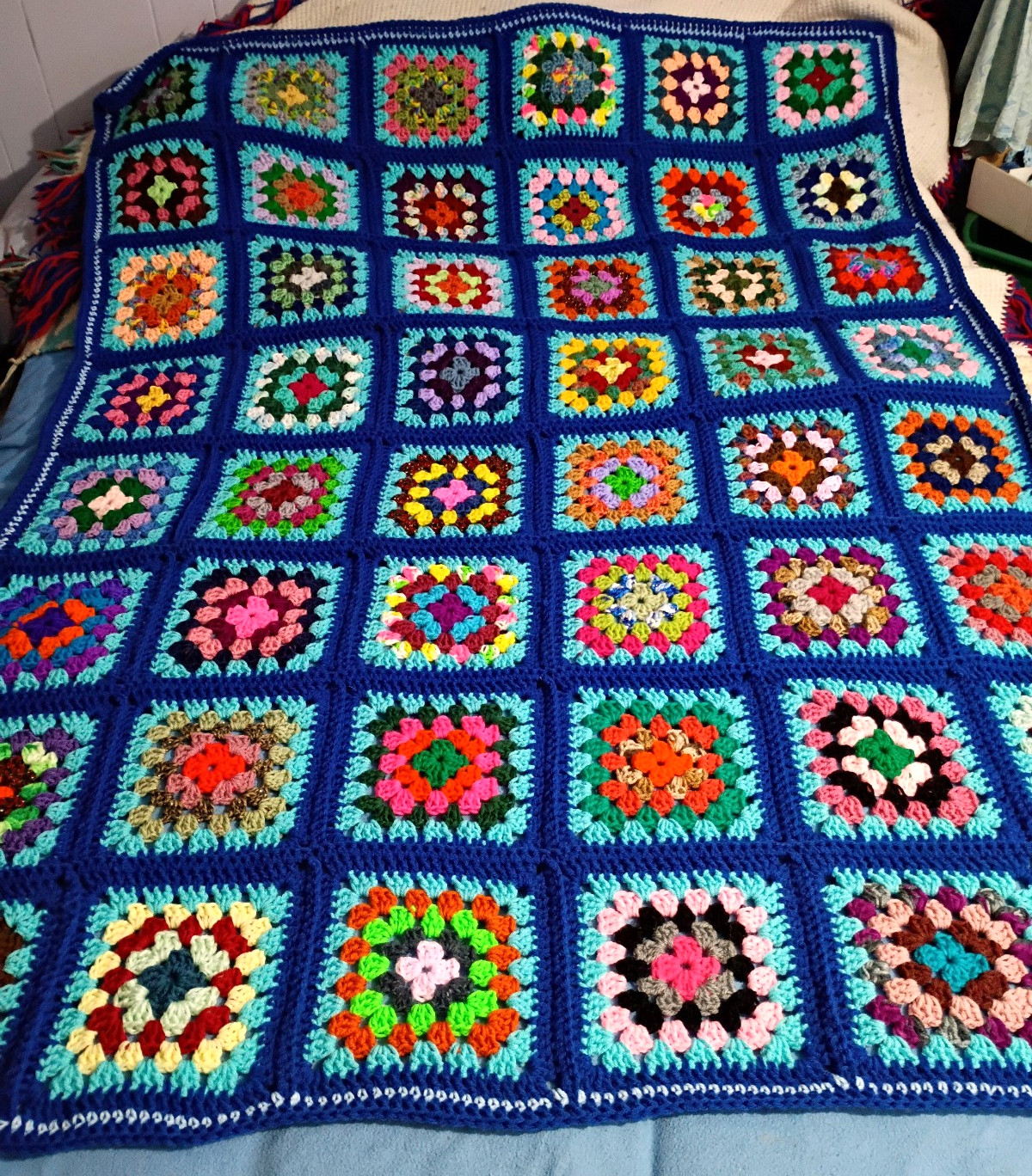 NEW HAND MADE ROYAL BLUE Multi-Color GRANNY SQUARES AFGHAN (lot#226) gallery