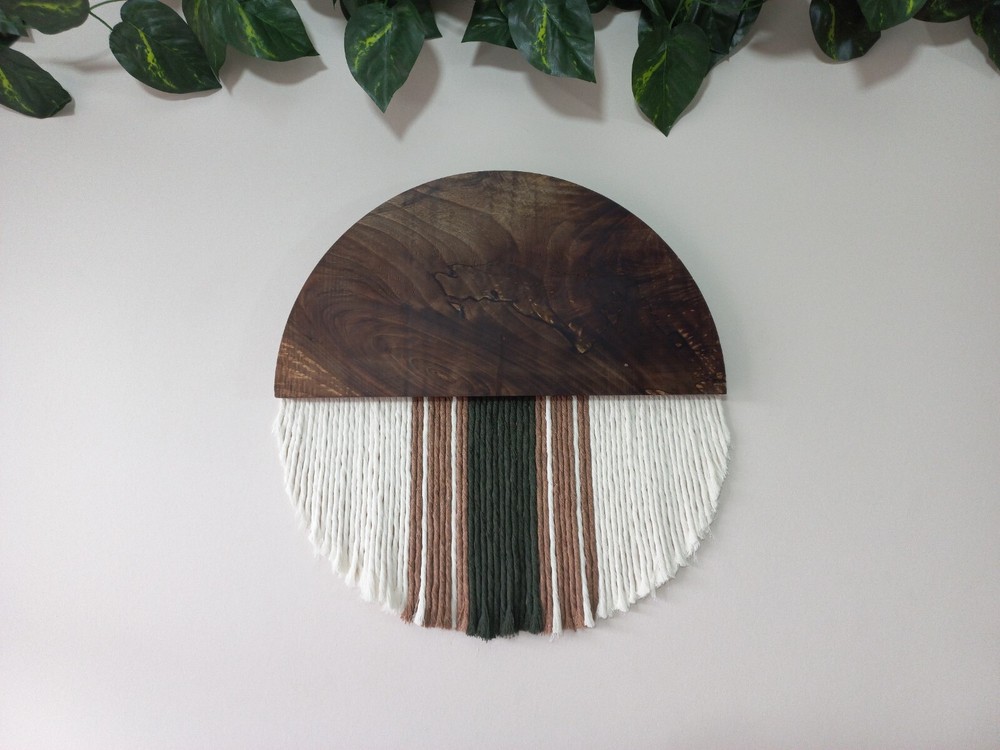 Modern Cotton Khaki Macrame Wall Hanging Walnut Wood Half Moon Macrame Art