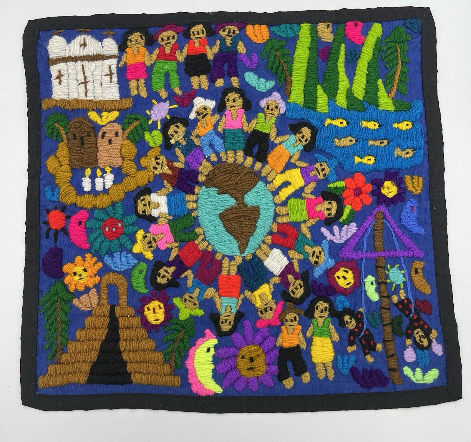 Hand Embroidered Tapestry Unknown Origin Bright and Colorful 15.5 x 15 gallery
