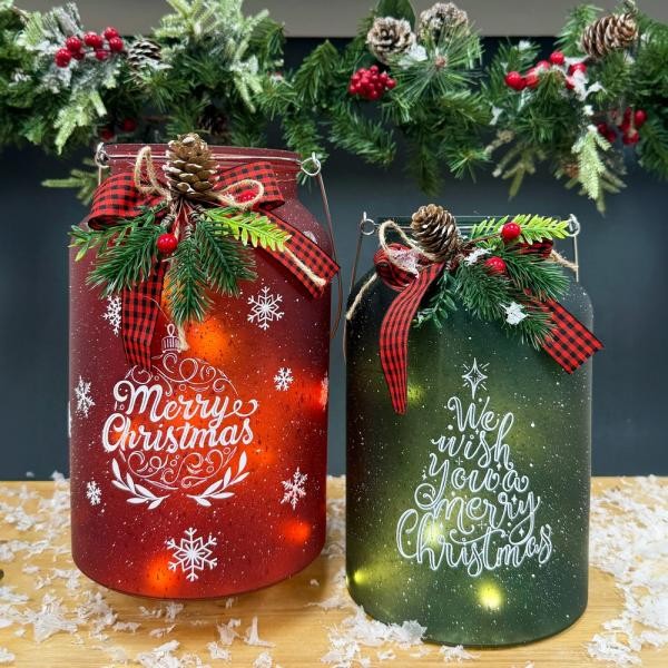 Gift Essentials - 10" Lighted Green Canister w/ Handle - Wish you a Merry Chr... gallery