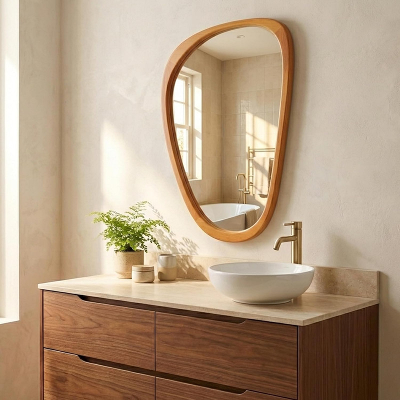 Asymmetrical Solid Wood Mirror - Japandi Boho Natural Accent in Warm Walnut gallery