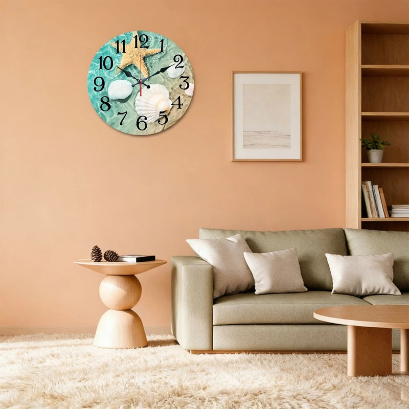 Starfish Seashell Pattern Wall Clock Silent No Battery Included Beach Decor gallery