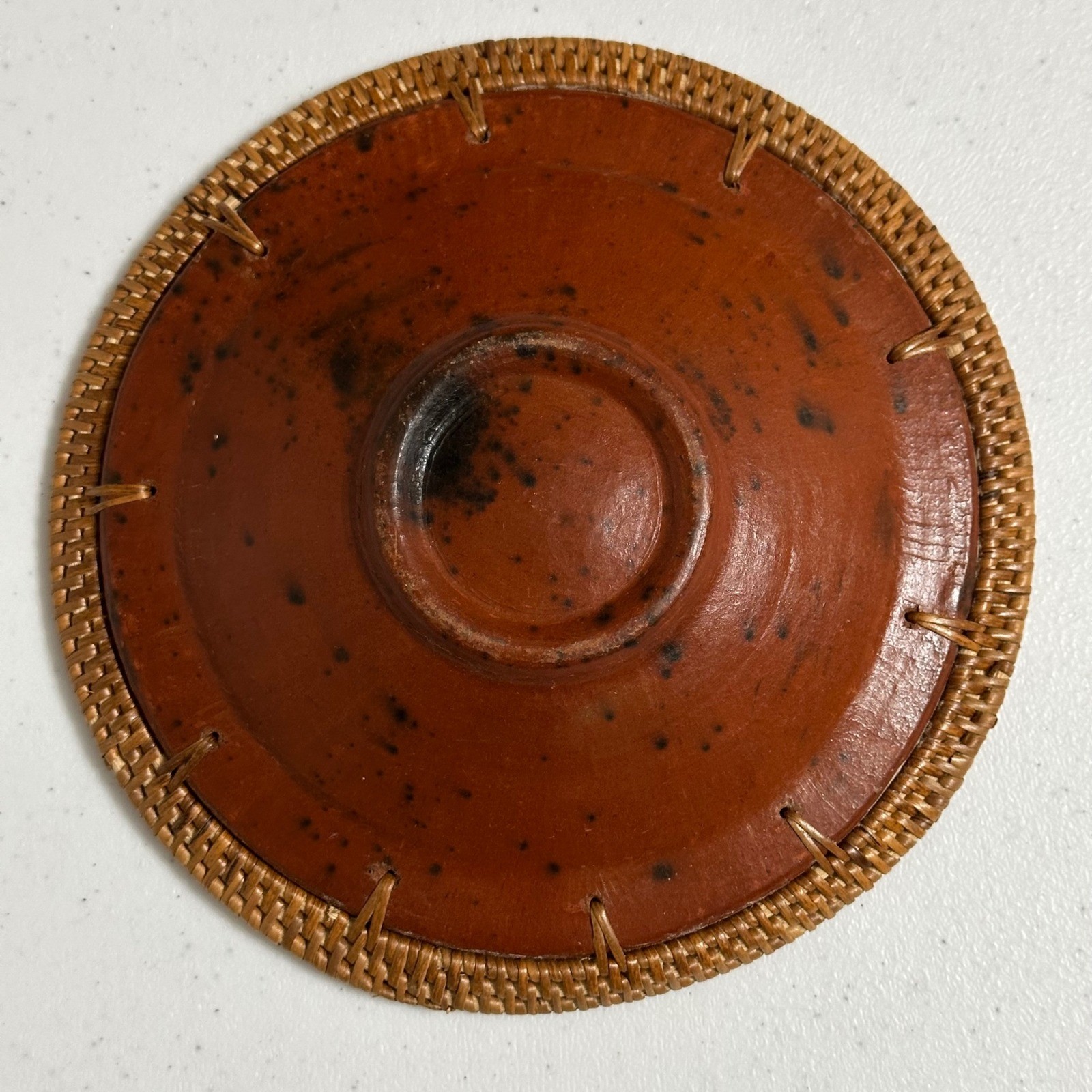 Vintage Hand Etched Redware Terracotta Sea Turtle Bowl Woven Rattan Rim Decor gallery