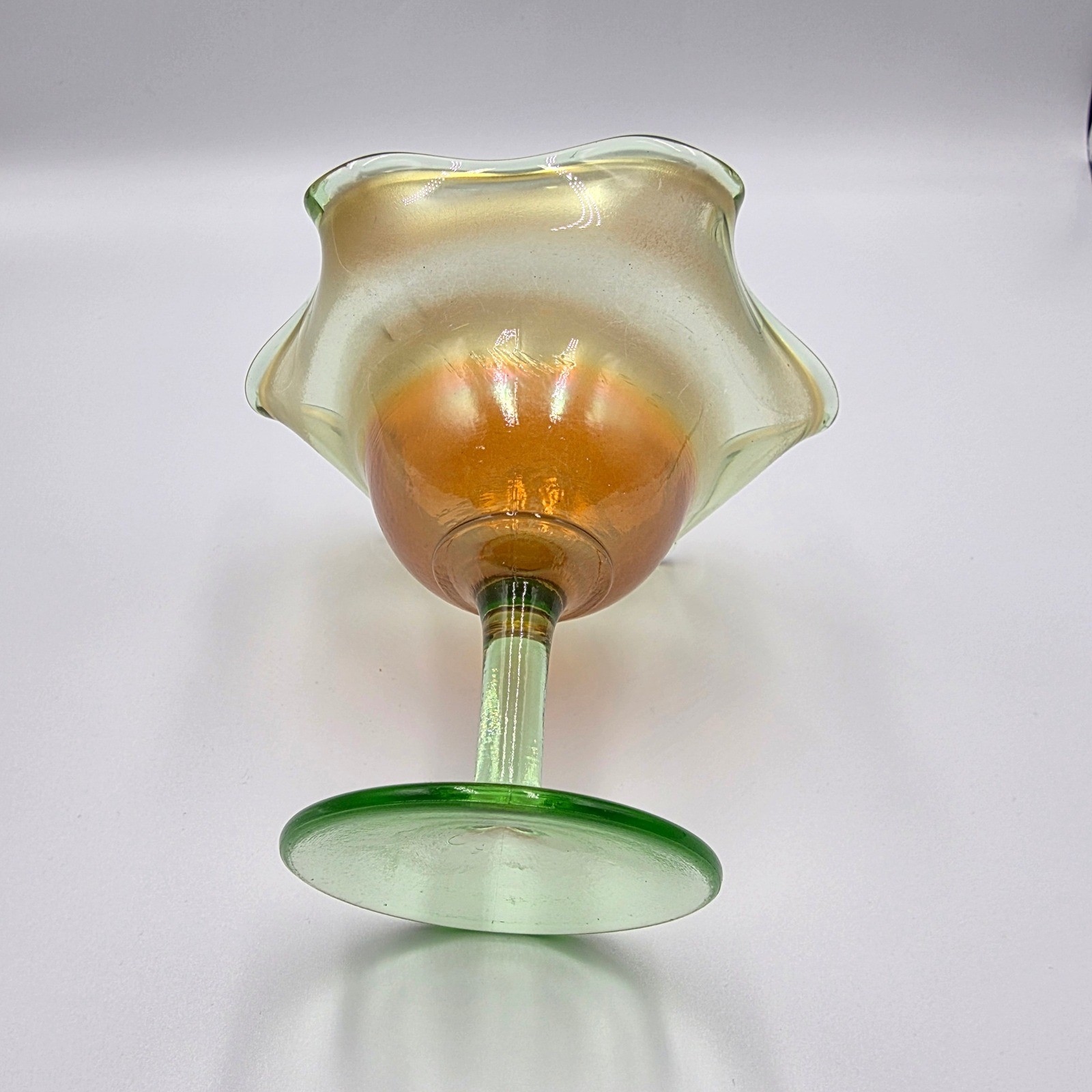 VNTG Carnival Glass Compote Ruffled Handkerchief Bowl Marigold Green Iridescent gallery
