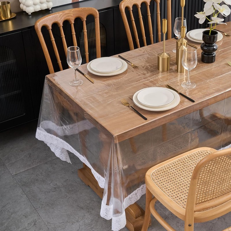 Clear Vinyl Tablecloth Protector Transparent Lace Trim Table cloth – Waterproof, gallery