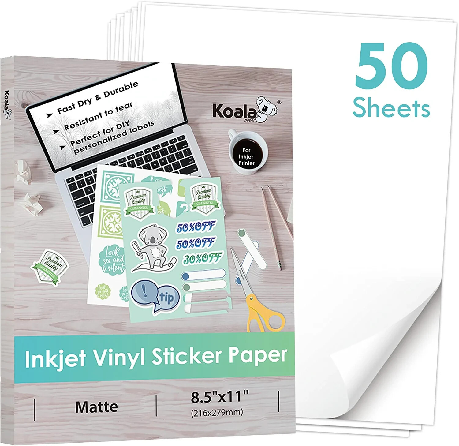 Koala Vinyl Sticker Paper Waterproof Matte White 50 Ct 8.5x11 for Inkjet Laser gallery
