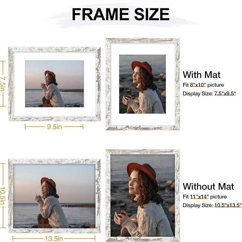 11x14 Picture Frame Wall Tabletop Rustic White with Mat for Photos gallery