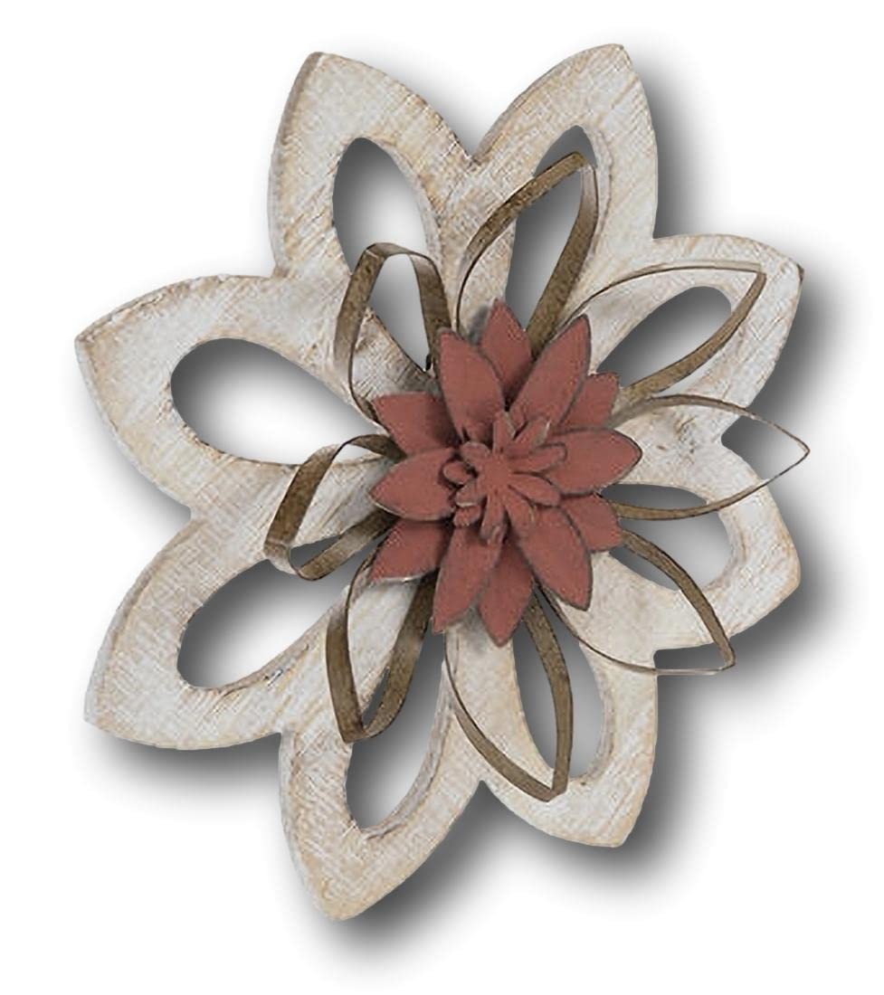 Distressed Whitewashed Rustic Red Flower Metal Wood Wall Decor 10 Inch gallery