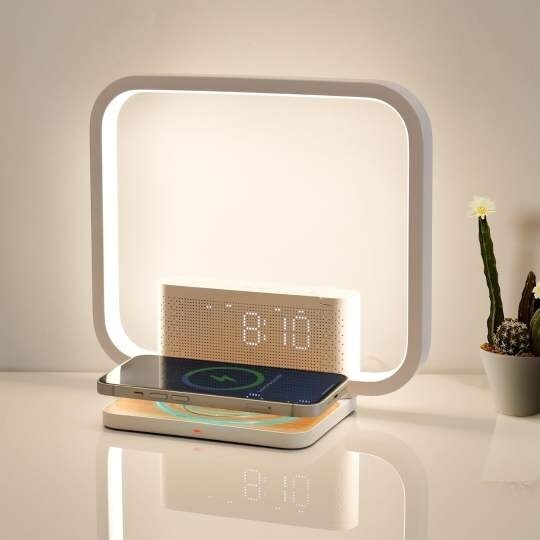 Dual Alarm Clock Bedside Table Lamp with Fast Wireless Charger Station for gallery