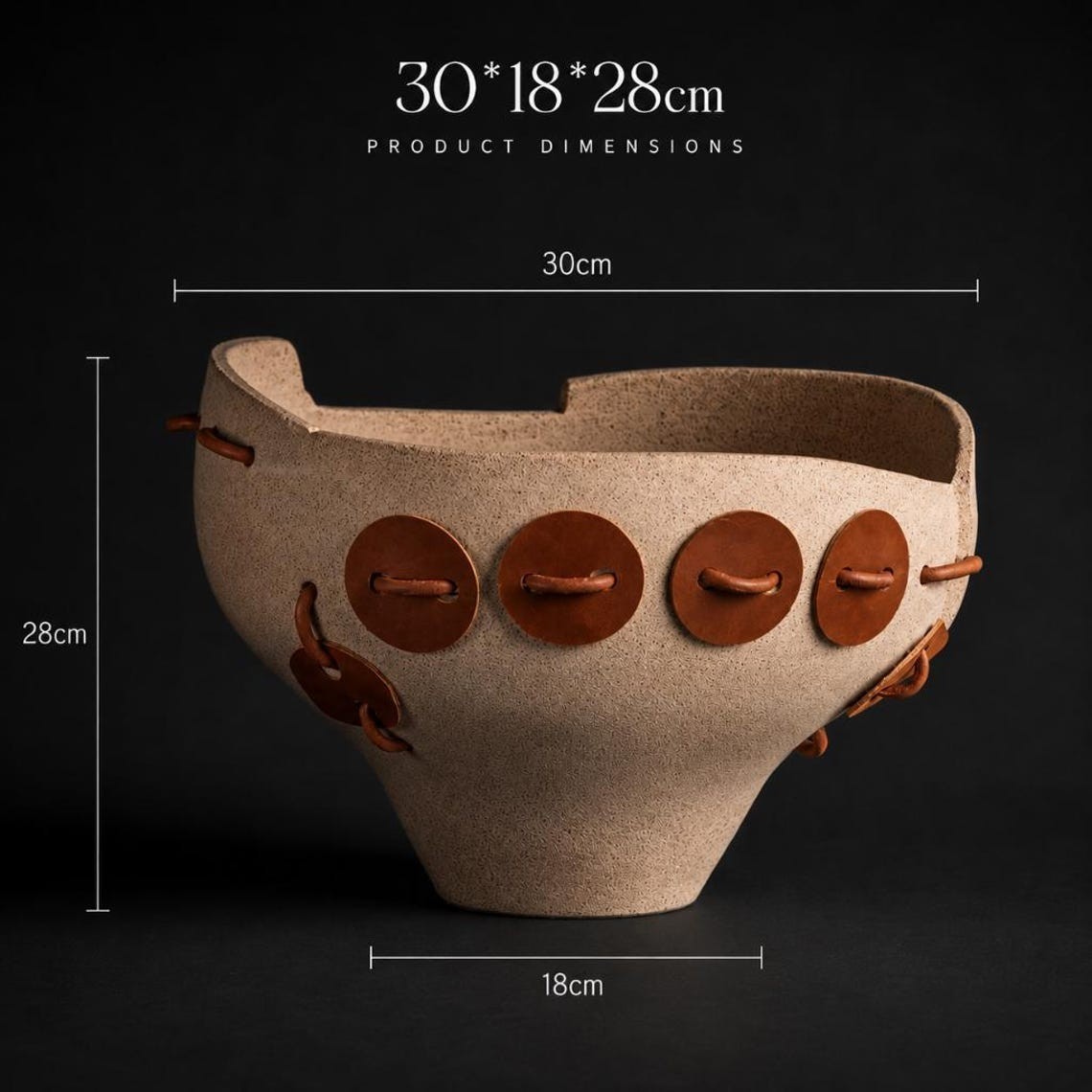 Handmade Ceramic Fruit Bowl with Leather Accents gallery