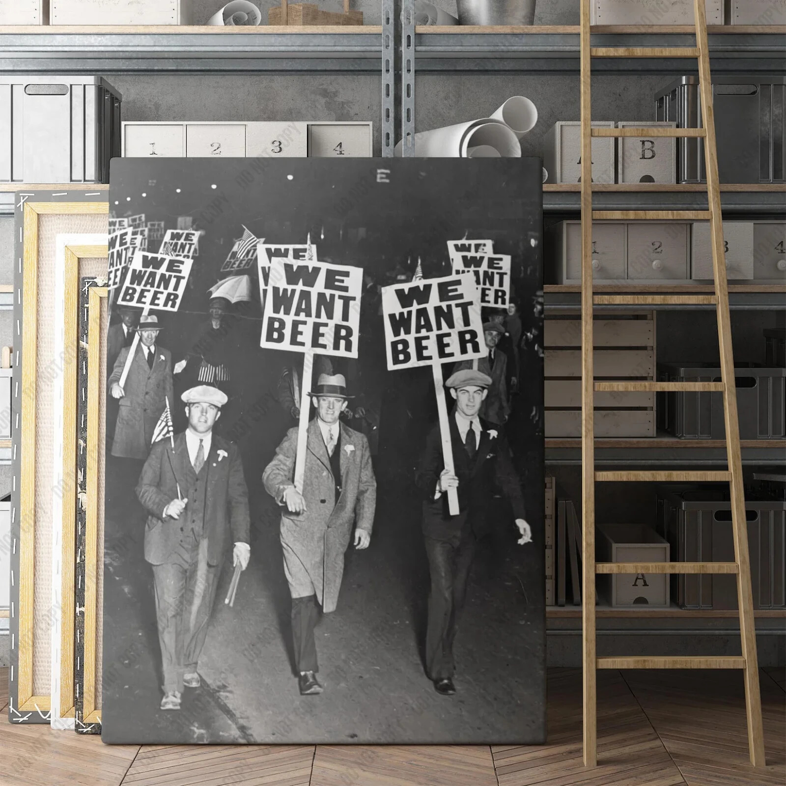 We Want Beer - Men Protesting During Prohibition Funny Bar Canvas Print Wall Art gallery