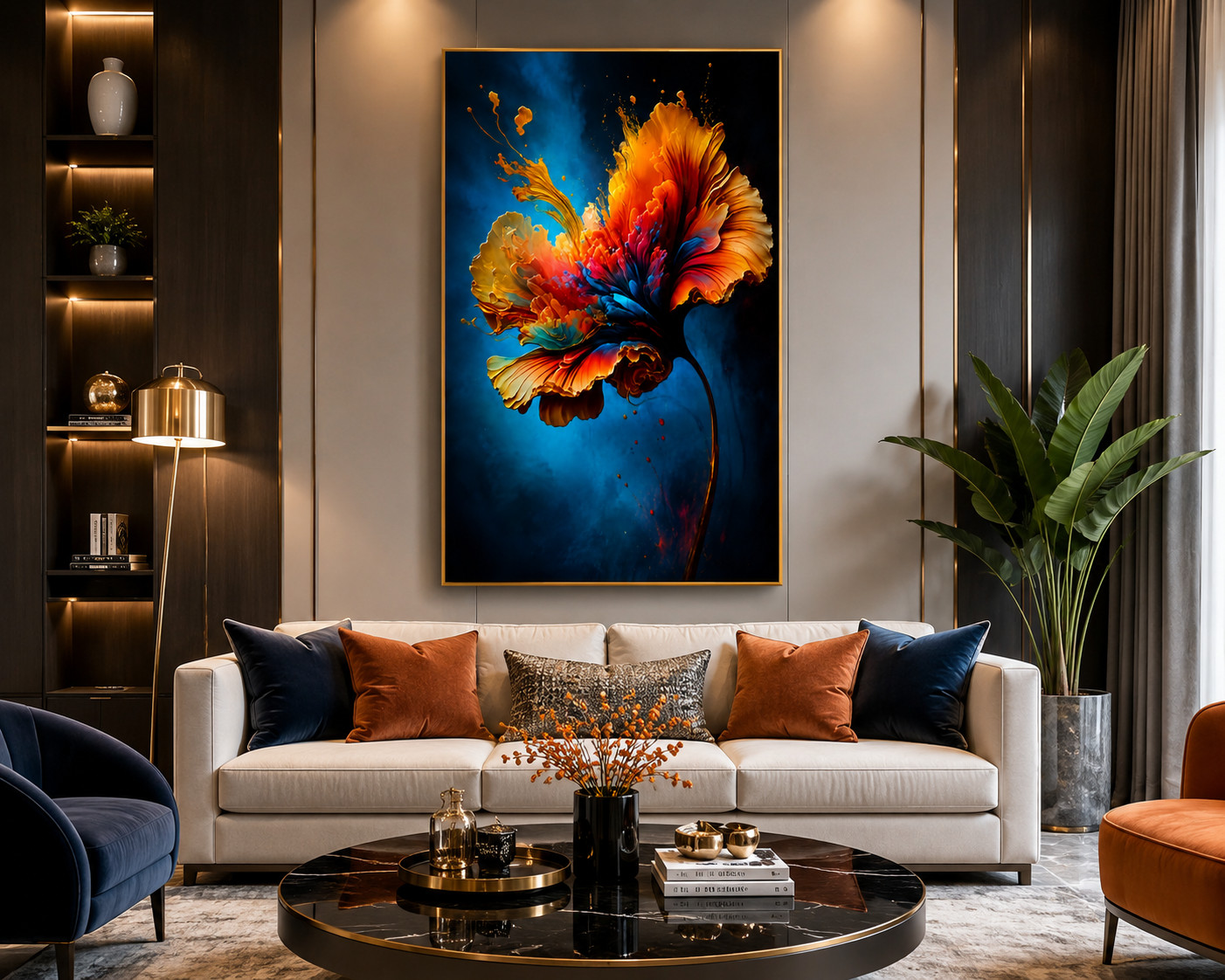 Abstract Floral Explosion Canvas Wall Art, Vibrant Blue Orange Flower Painting, gallery