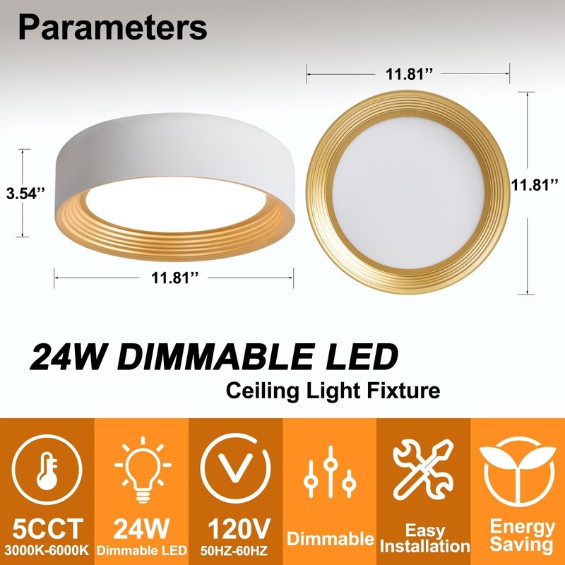 Dimmable Modern LED Flush Mount Ceiling Light,11.8 Inch 5CCT 24W/3000K-6000K,... gallery