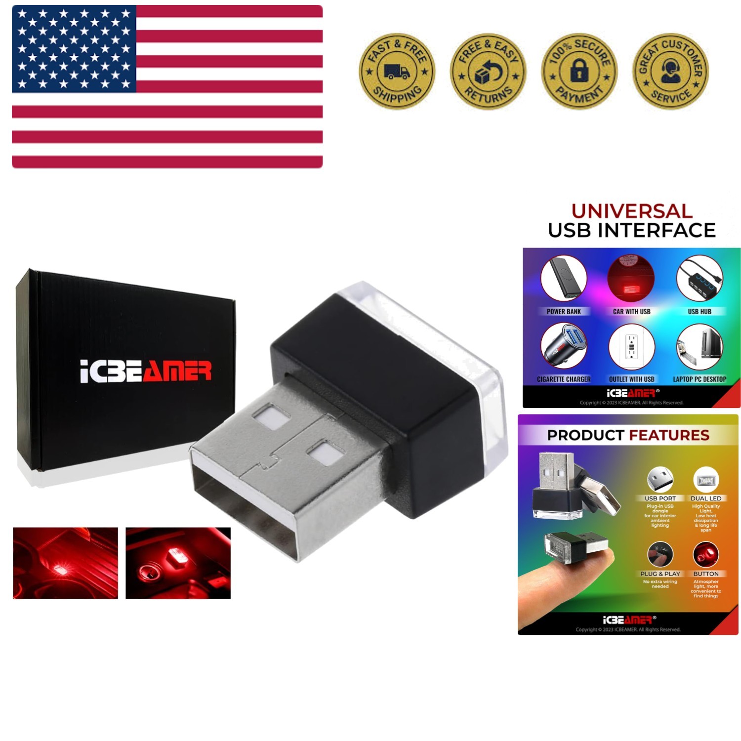 Mini USB LED Light 1-Pack Red | Direct Plug-in Miniature/Nano Car Interior Am... gallery