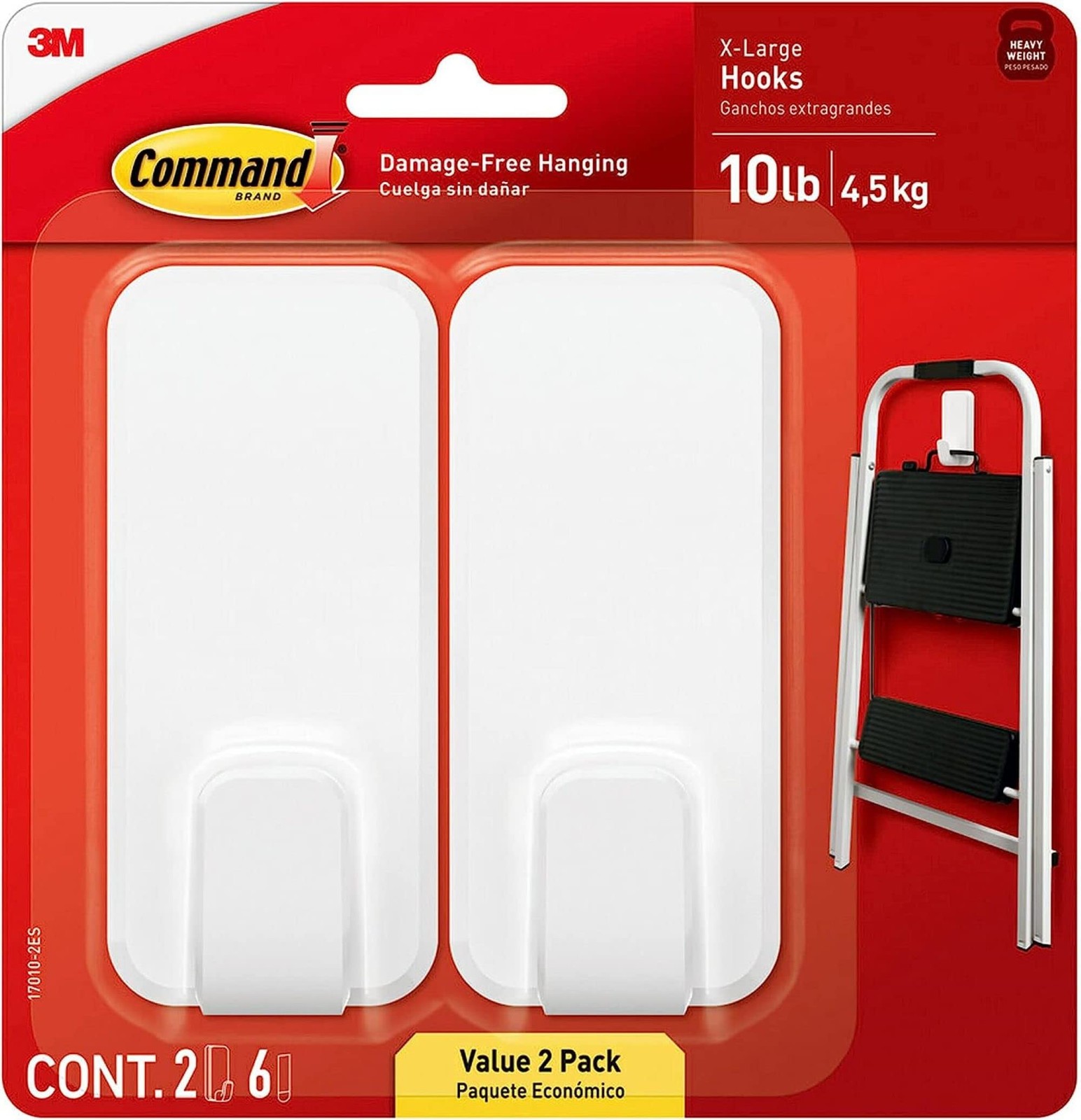 Command 10 lb XL Heavyweight Hook, 2 Wall Hooks and 6 Strips, X-Large, White gallery