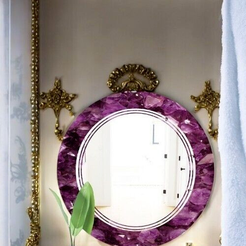 Handcrafted Amethyst Gemstone Mosaic Round Wall Mirror 18” Decor Handmade India gallery