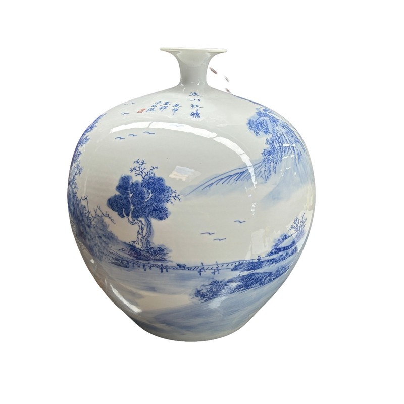 Chinese Blue White Handpaint Mountain Tree Scenery Porcelain Vase GB563 gallery