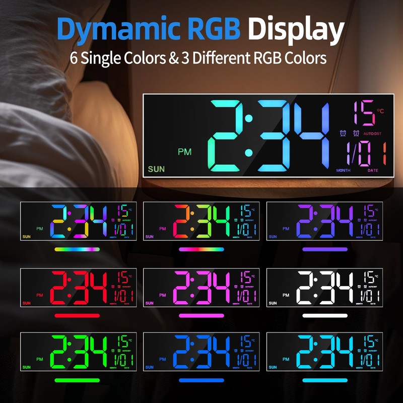 16.2'' Large Digital Wall Clock with Remote Control, Big LED/Dual Alarm/8 RGB... gallery