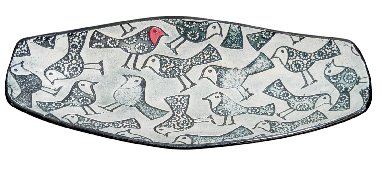 Signed Studio Pottery Oval Bird Platter Folk Art Ceramic Tray Handcrafted gallery