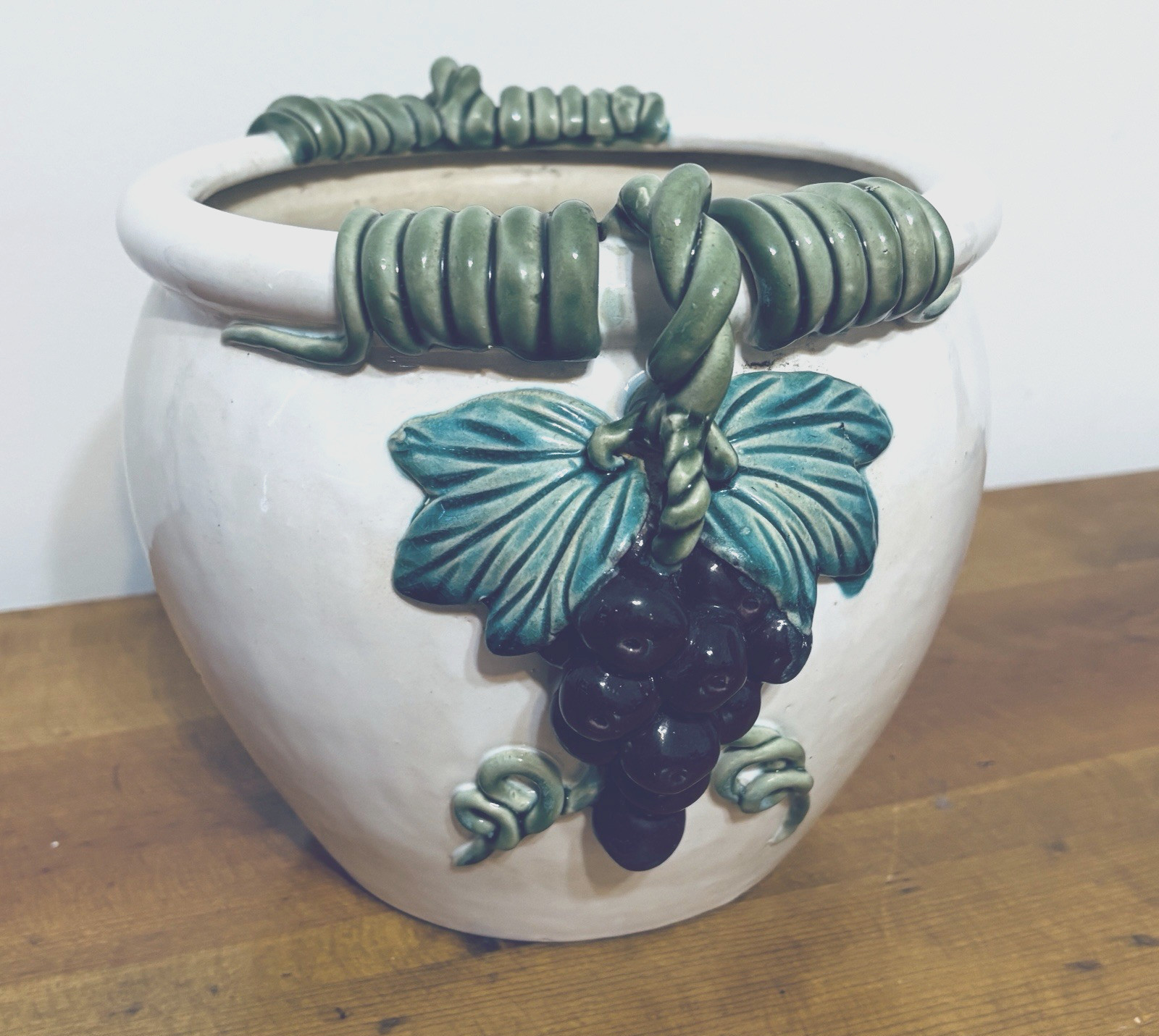 Tuscan Style Ceramic Heavy Planter Flower Pot w Grape Decor 8” t x 9” w gallery