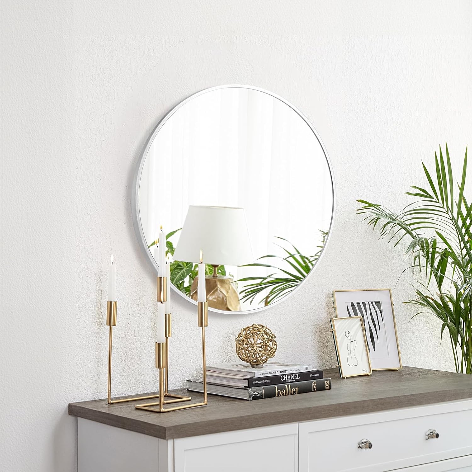 24 Inch Round Silver Frame Wall Mirror Circle Bathroom Hallway Entry Hall Gift gallery