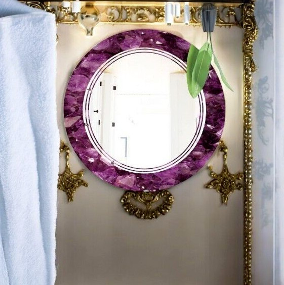 Handcrafted Amethyst Gemstone Mosaic Round Wall Mirror 18” Decor Handmade India gallery