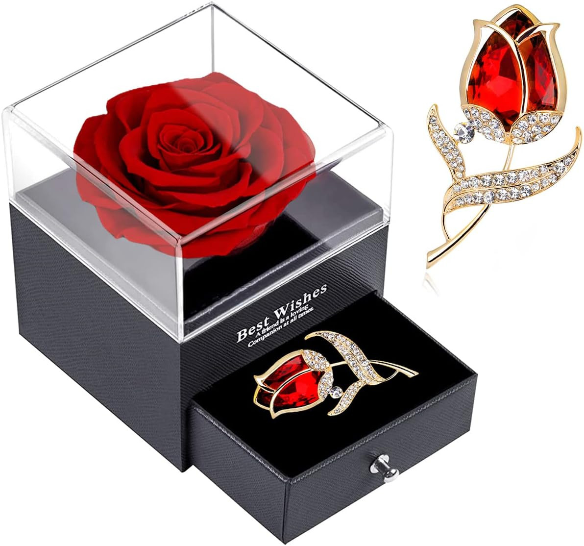 Preserved Red Rose Gift Box- Enchanted Real Roses with Ruby Brooch, Eternal Rose gallery