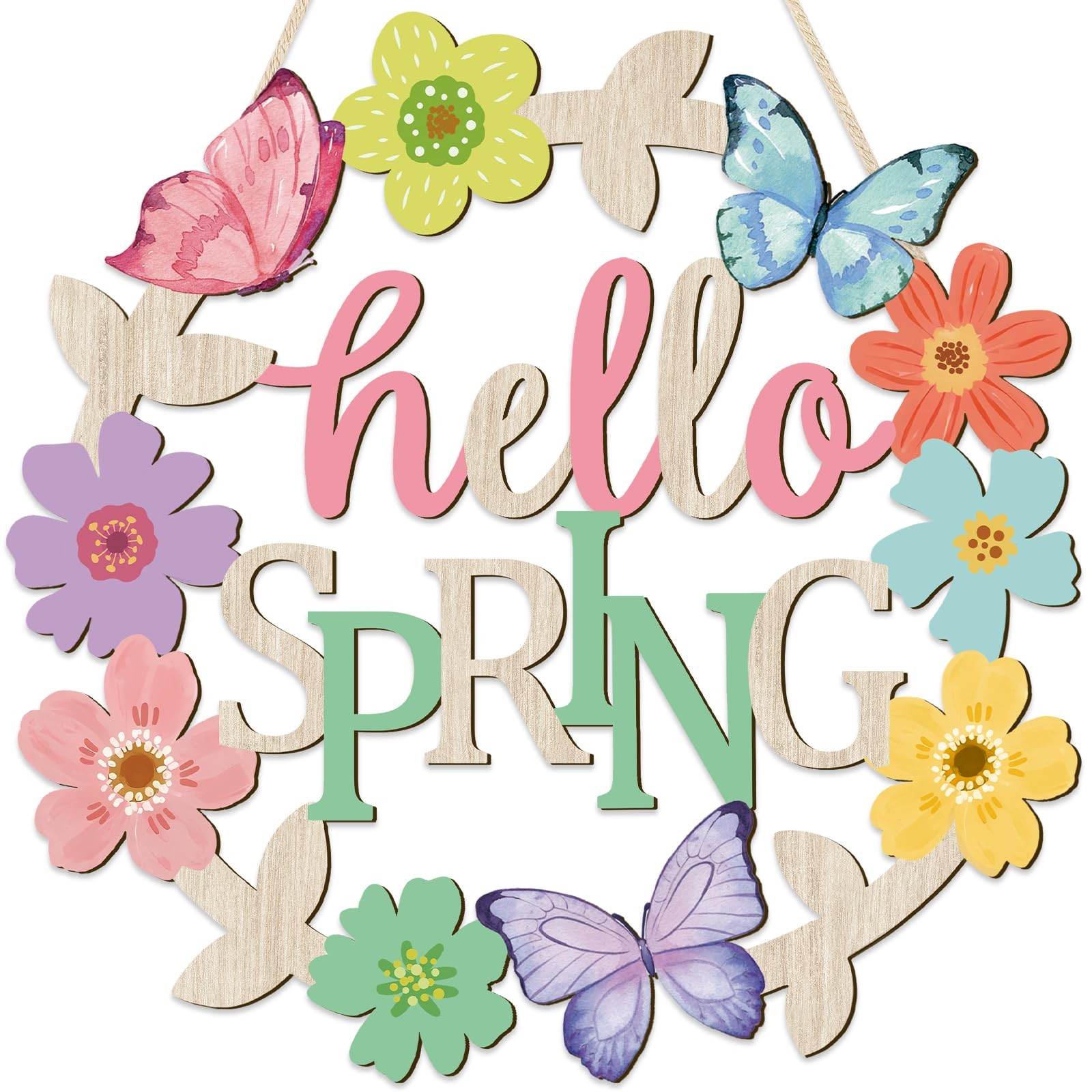 Vintage Happy Spring Flower Decorations Sign, Butterfly Wood Wreath for Front Do gallery