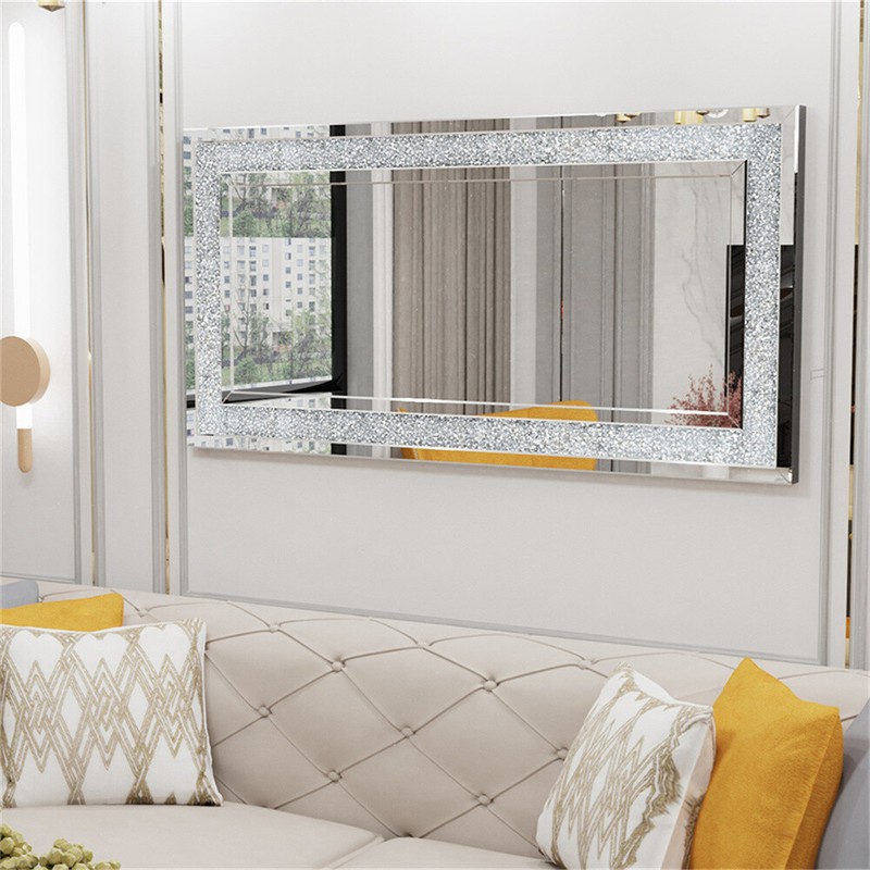 Large Crystal Crush Diamond Rectangle Silver Mirror Wall Hang Frameless Mirror gallery