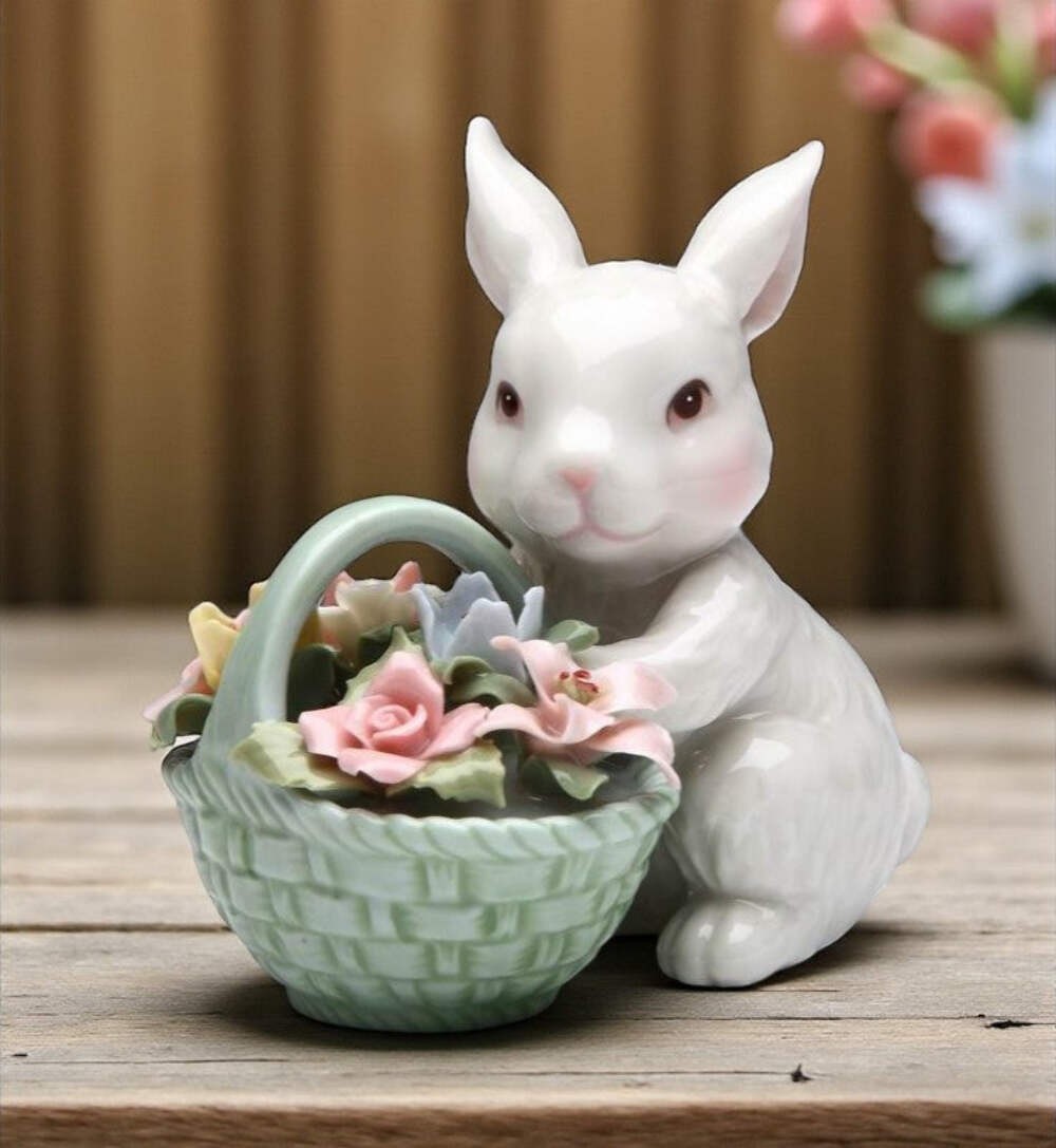 Ceramic Easter Bunny Rabbit With Flower Basket Figurine, Home Décor, Gift for He gallery