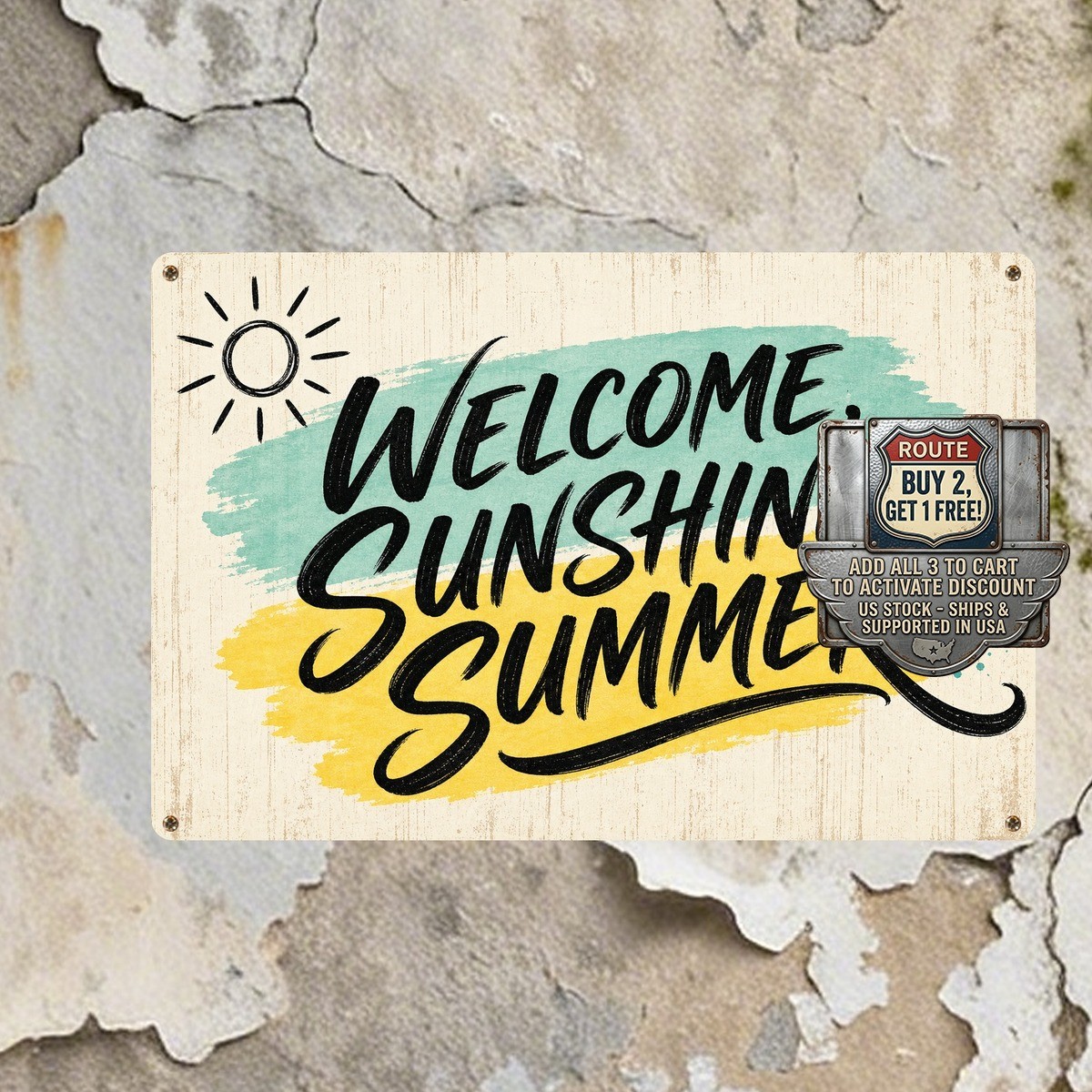Hello Summer Hand Lettered Brush Script Sun Decor Metal Tin Sign gallery