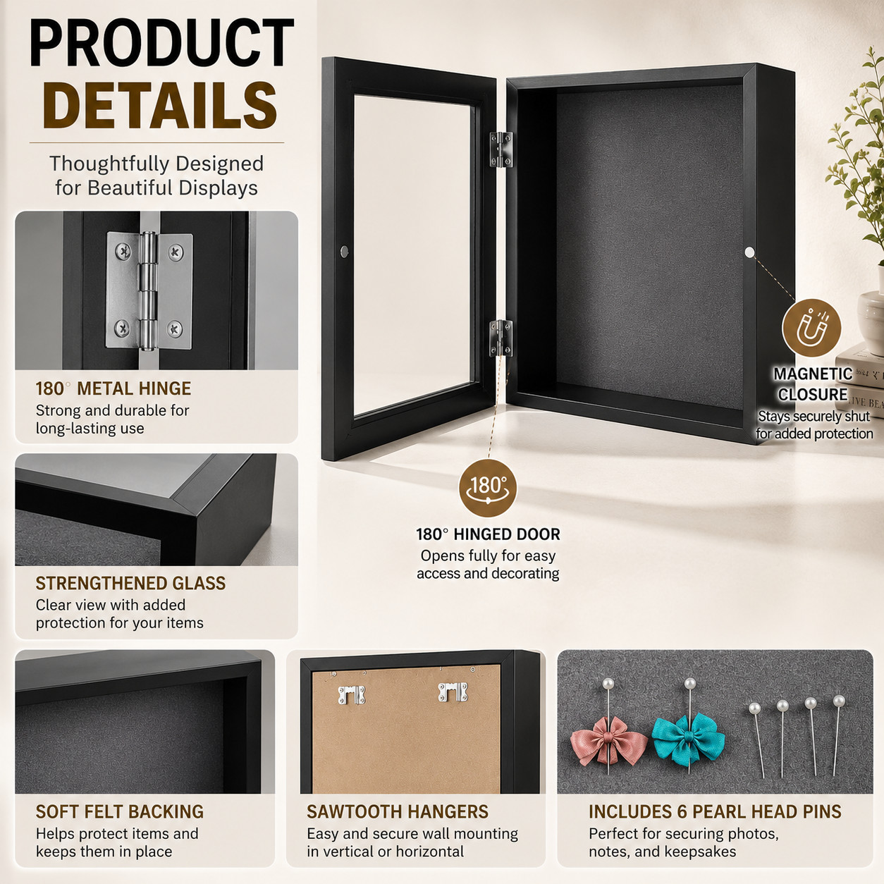 Shadow Box Frame Display Case 2-inch Depth 6 Pins for 8x8 Collage Memento Black gallery