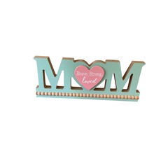 Greenbrier International MOM Tabletop Decor Teal Blue Pink Heart Wood Sign 9.5″