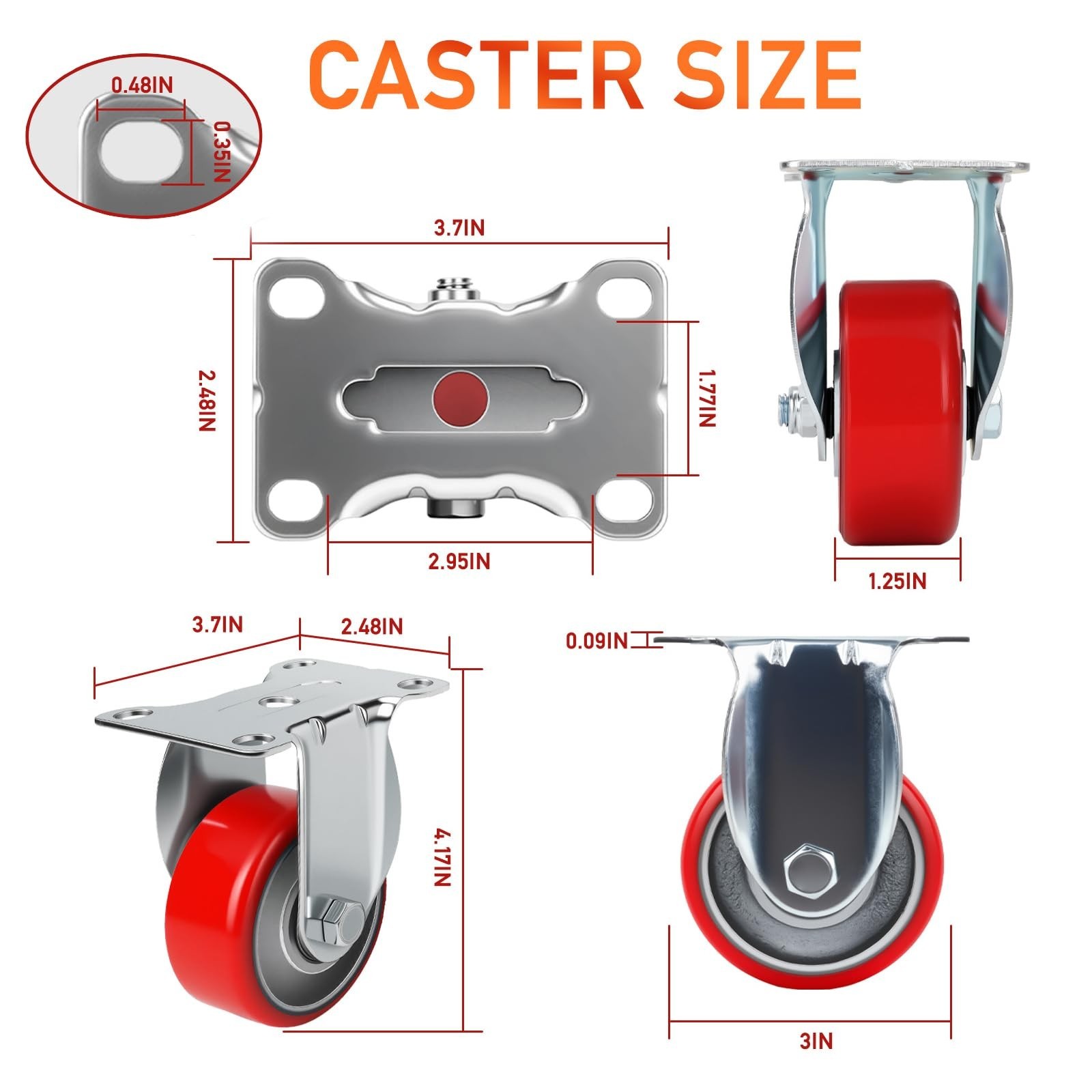 3 Inch Caster,Load 1400 Lbs,Polyurethane Steel Wheels,Heavy Duty Caster Set o... gallery