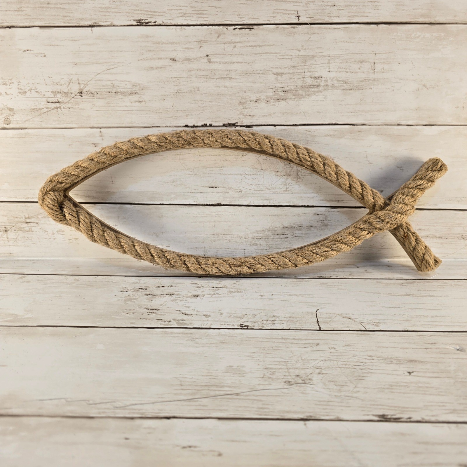 Rustic Jute Rope Ichthys Fish Wall Decor Wooden Christian Jesus Fish Sign 19in gallery