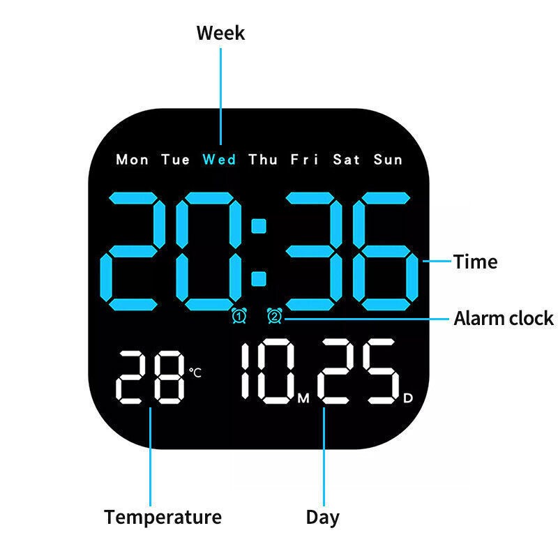 Wall Clock Remote Control Temperature Date Week Display Adjust LED Large Digital gallery