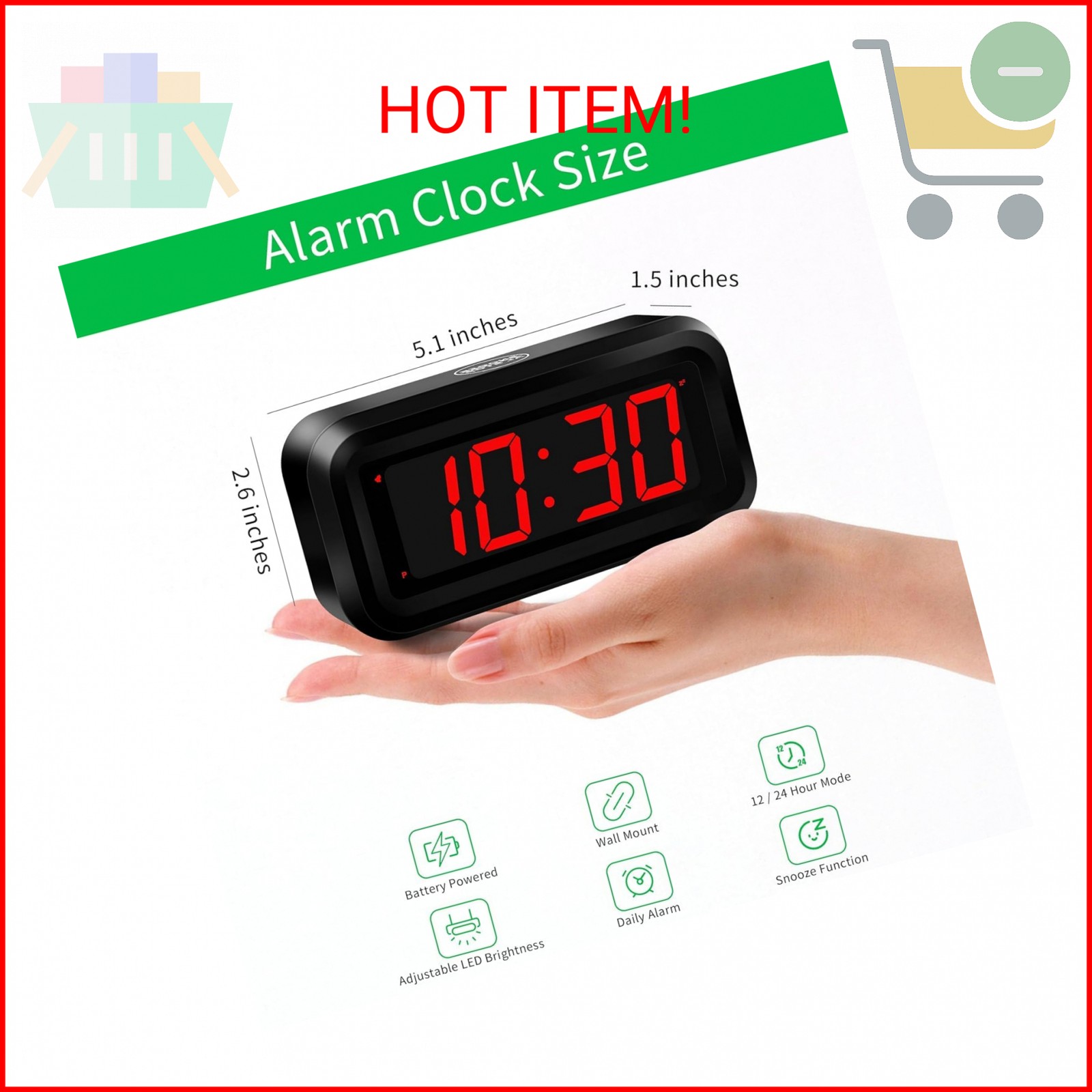 Alarm Clock, LED Digital Clock, Small Wall Clock, Battery Operated, Adjustable 3 gallery